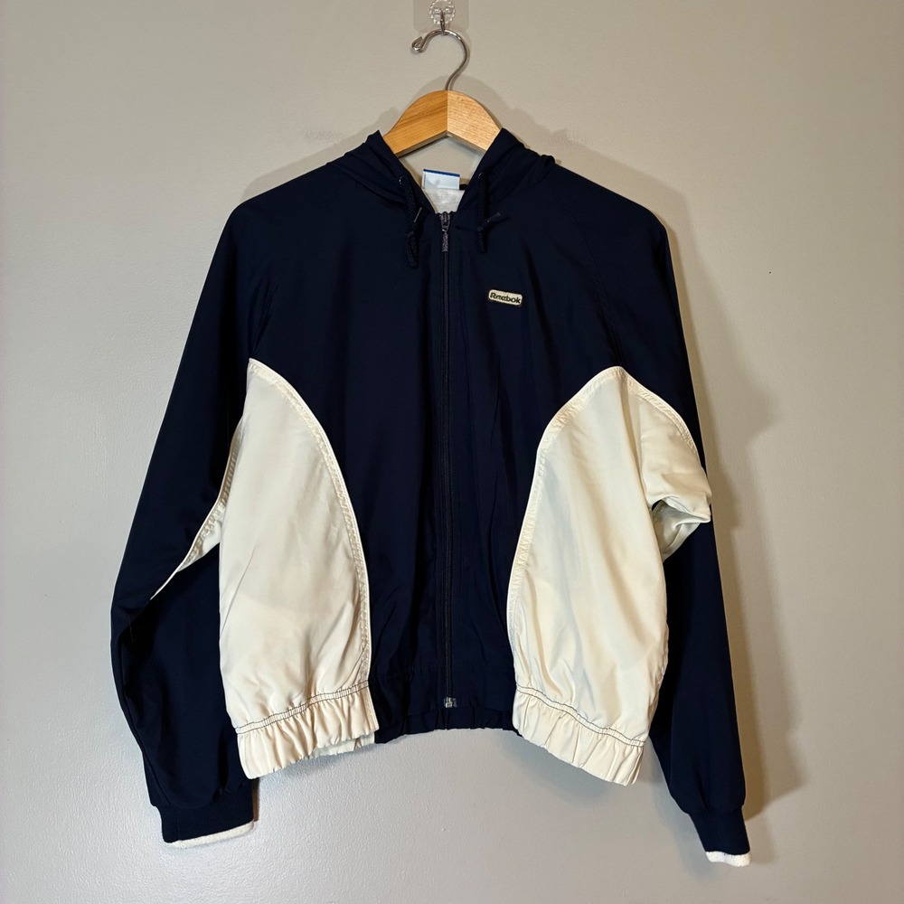 Vintage Reebok Navy Blue Cream Colorblock Hooded Windbreaker Jacket Large